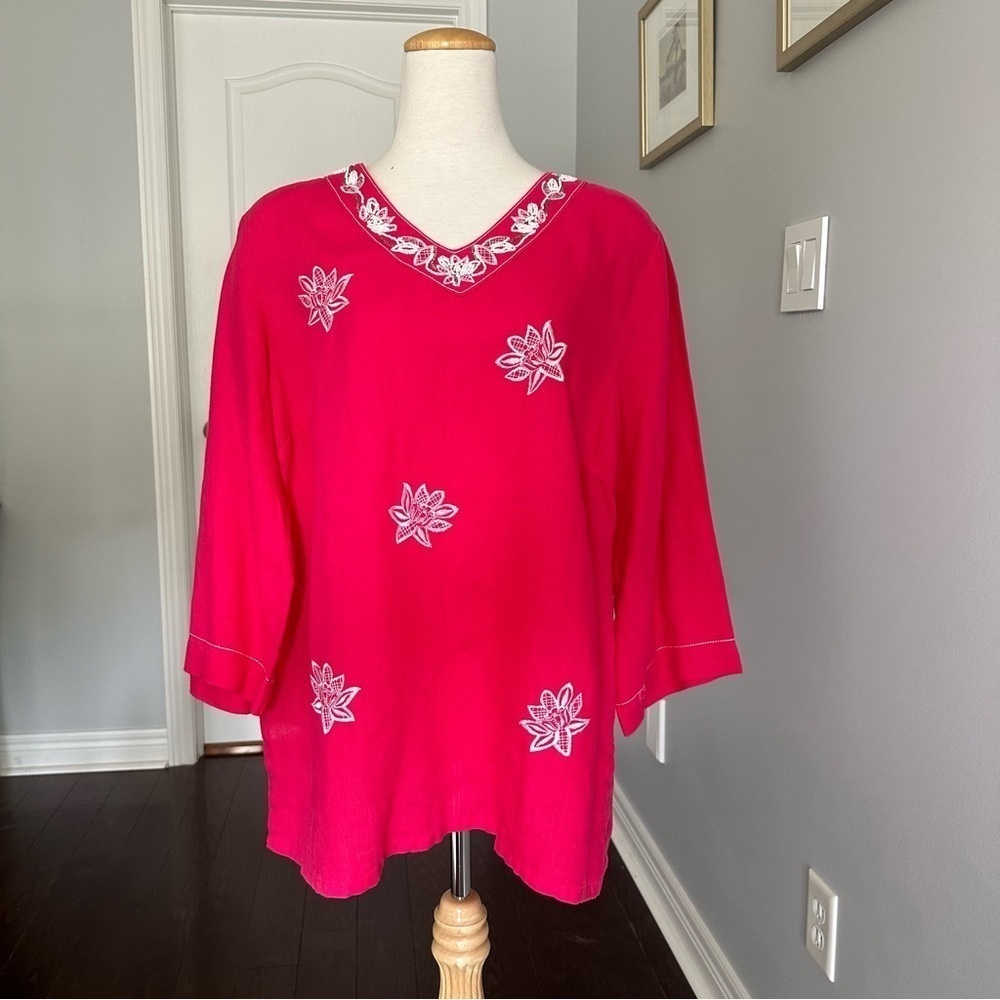 JM COLLECTION 100% Linen V Neck Tunic Blouse - Sz 14